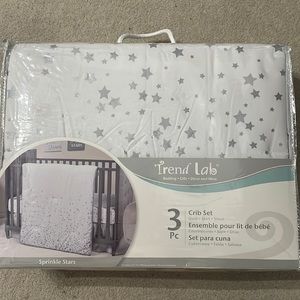 Trend Lab Sprinkle Stars crib set.  Complete with quilt, skirt and sheet